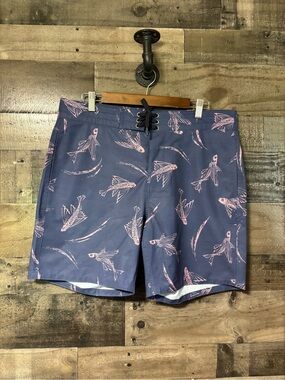Faherty Navy Board Shorts with Pink Fish Print 34x7” inseam Like New